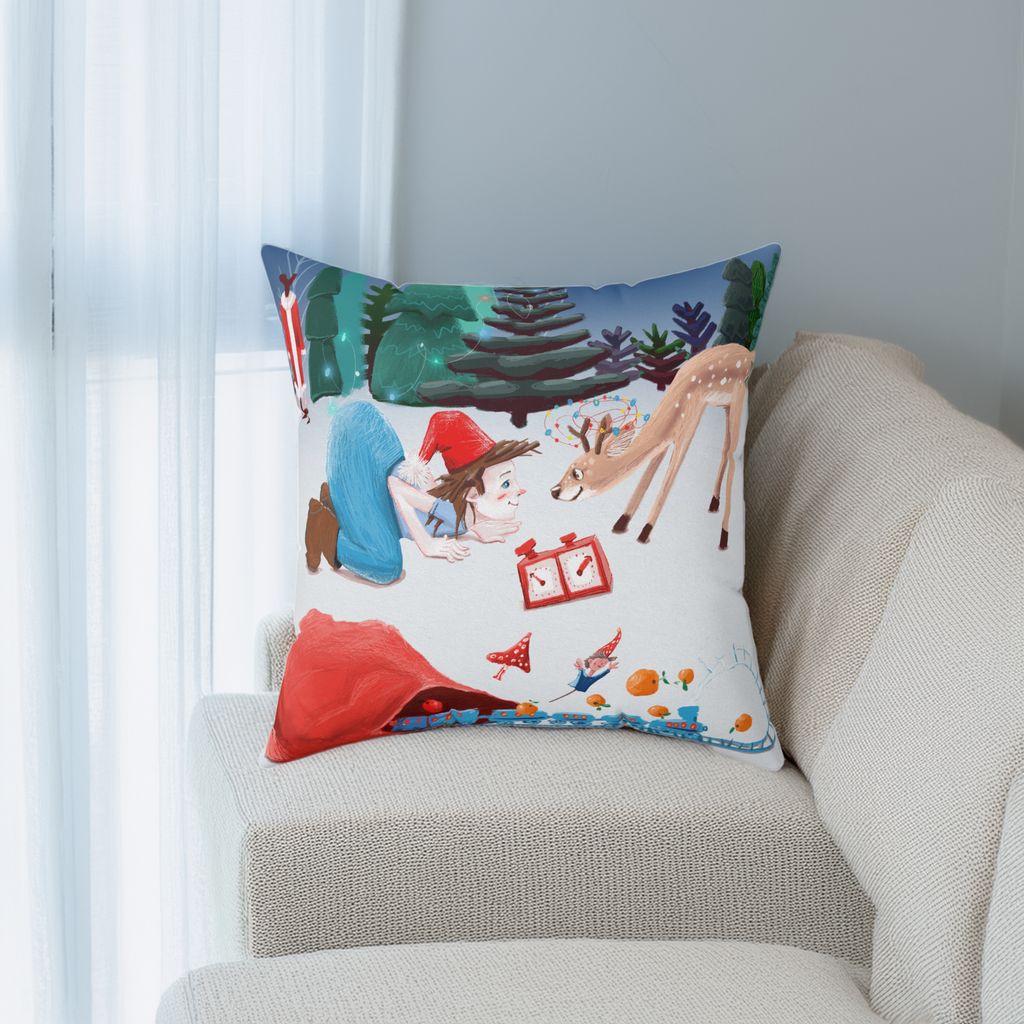 Coussin Carré Noël — Jeune Père Noël et Petit Renne