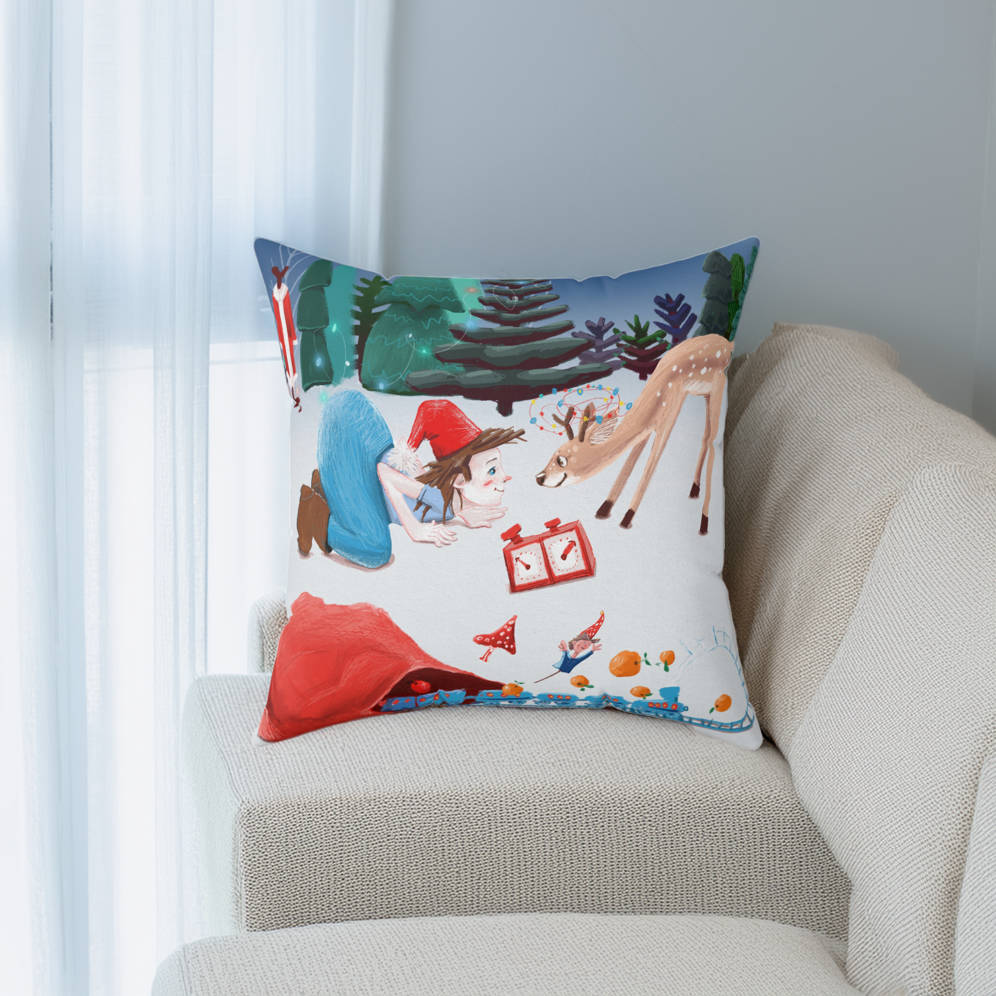 Coussin Carré Noël — Jeune Père Noël et Petit Renne