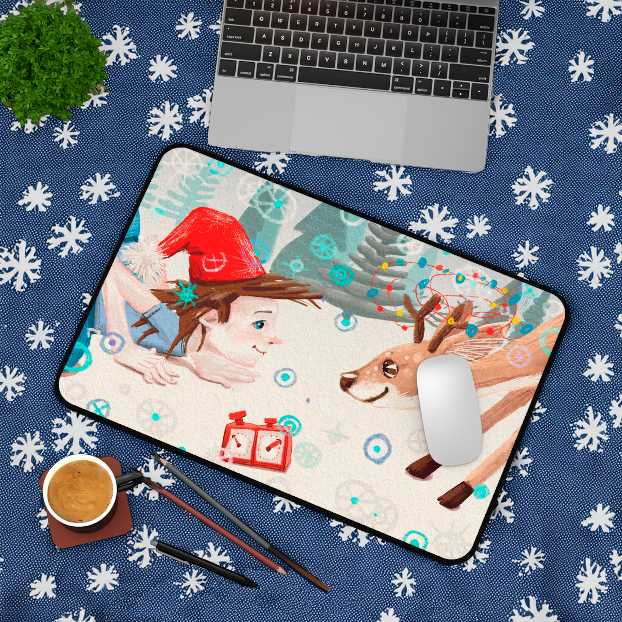 Tapis de Bureau Noël - Jeune Père Noël et Renne | Décoration Festive